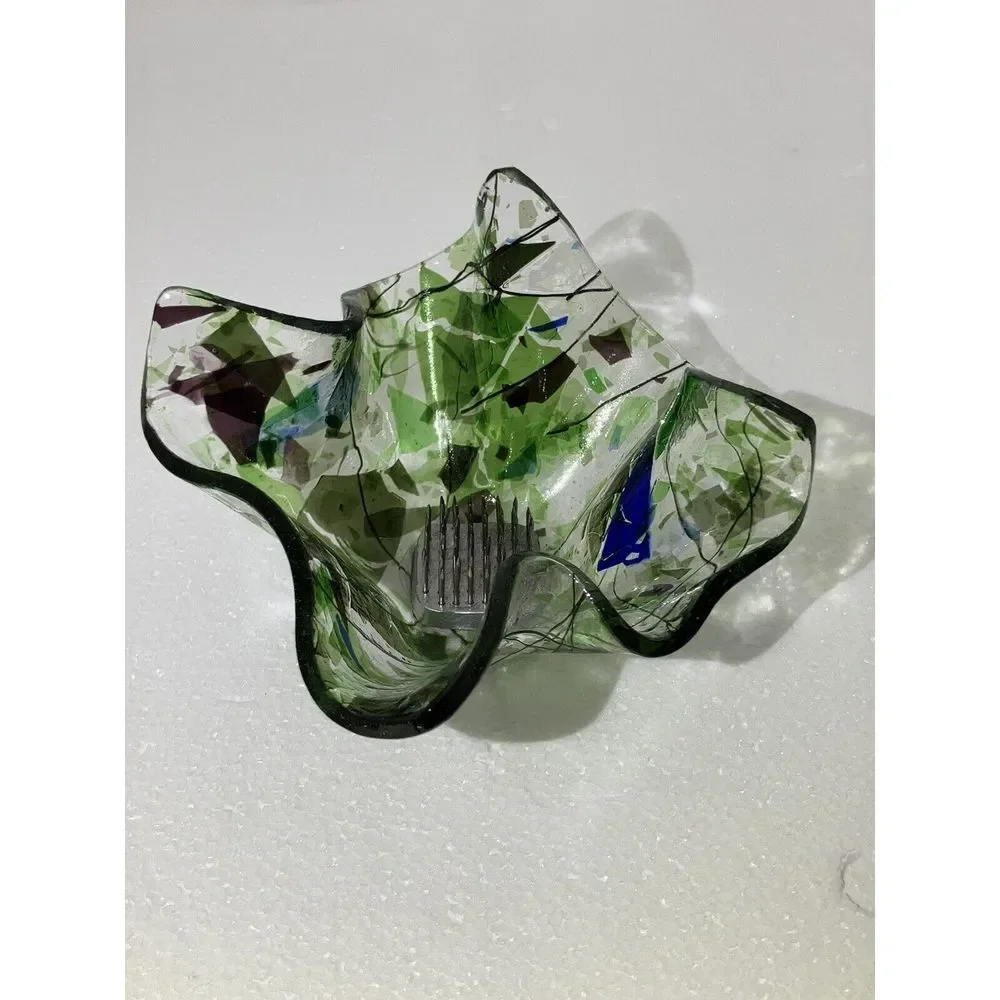Folded  Hankerchif Clear W/ Blue‎ Green Glass / Votive Holder / With Flower Frog